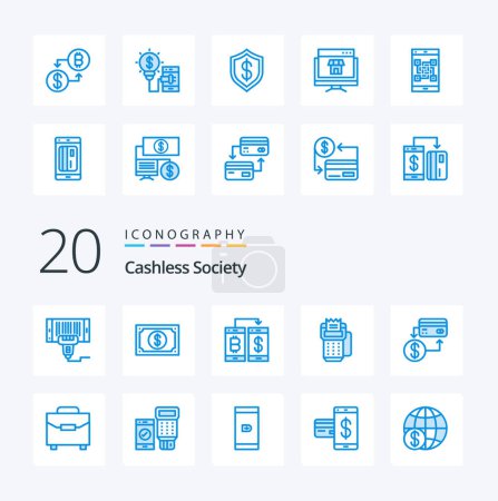 Ilustración de 20 Cashless Society Blue Color icono Pack como tarjeta de crédito reloj transferencia smartphone - Imagen libre de derechos