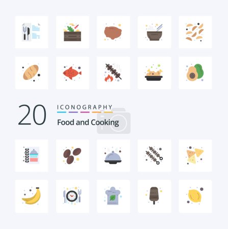 Illustration for 20 Food Flat Color icon Pack like banana nachos food food kebab - Royalty Free Image