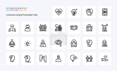 Illustration for 25 Concious Living And Personality Traits Line icon pack - Royalty Free Image