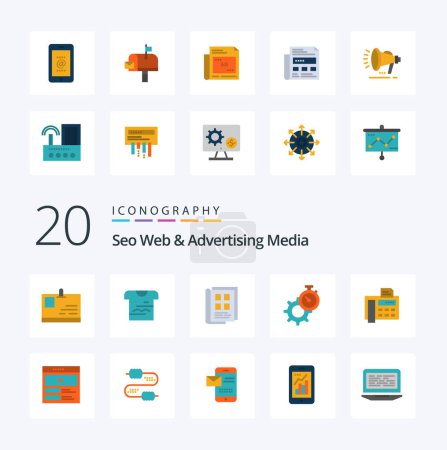 Illustration for 20 Seo Web And Advertising Media Flat Color icon Pack like watch gear book time phone book - Royalty Free Image