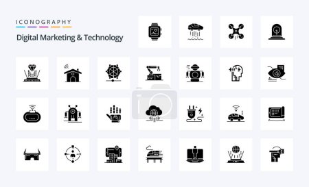 Téléchargez les illustrations : 25 Digital Marketing and Technology pack d'icônes Glyphe solide - en licence libre de droit