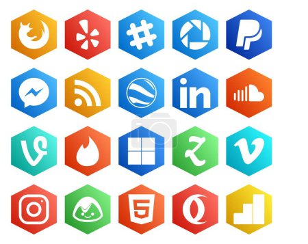 Illustration for 20 Social Media Icon Pack Including zootool. tinder. rss. vine. sound - Royalty Free Image