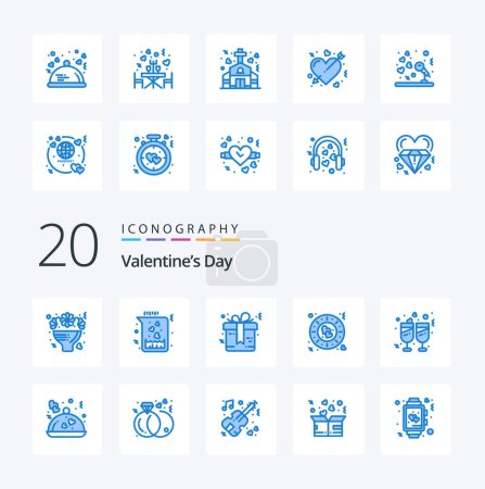 Illustration for 20 Valentines Day Blue Color icon Pack like champagne plate love love wedding - Royalty Free Image