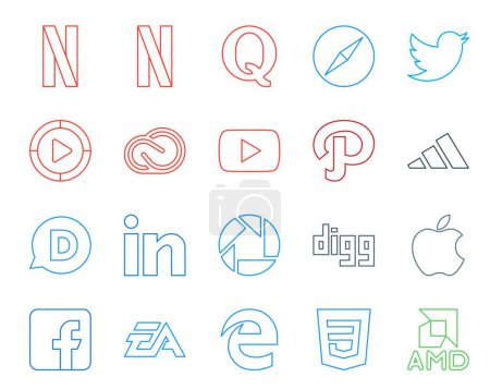 Illustration for 20 Social Media Icon Pack Including linkedin. adidas. video. path. youtube - Royalty Free Image
