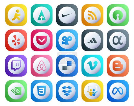 Illustration for 20 Social Media Icon Pack Including css. blogger. adidas. video. delicious - Royalty Free Image