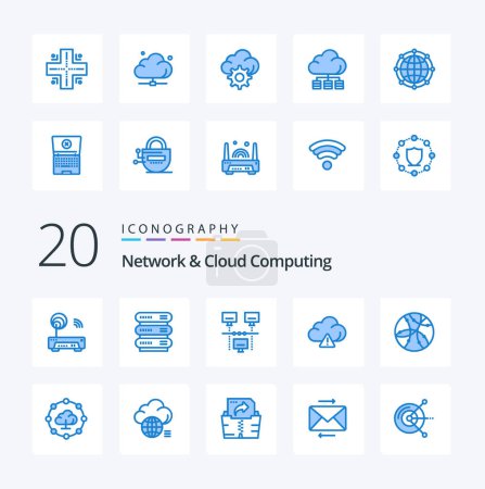 Téléchargez les illustrations : 20 Réseau et Cloud Computing icône couleur bleue Pack comme serveur de technologie de cloud de données Internet - en licence libre de droit