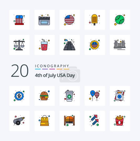 Ilustración de 20 EE.UU. línea llena icono de color Pack como invitación fiesta día de comida globos - Imagen libre de derechos