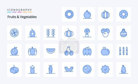 Téléchargez les illustrations : 25 Fruits Légumes Emballage icône bleue - en licence libre de droit