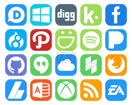Ilustración de 20 Paquete de iconos de redes sociales Incluyendo anuncios. navegador. Spotifique. firefox. icloud - Imagen libre de derechos