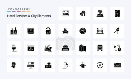 Téléchargez les illustrations : 25 Services hôteliers et éléments de la ville pack icône Glyphe solide - en licence libre de droit