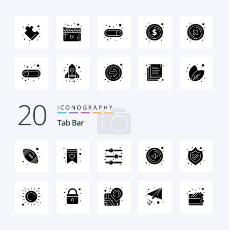 Illustration for 20 Tab Bar Solid Glyph icon Pack like sun shield on security plus - Royalty Free Image