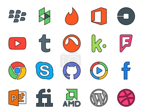 Ilustración de 20 Paquete de iconos de redes sociales Incluyendo Windows Media Player. charla. Vídeo. skype. cuadrado cuadrado - Imagen libre de derechos