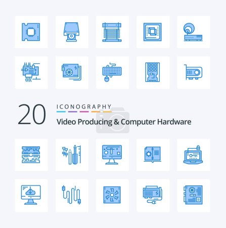 Illustration for 20 Video Producing And Computer Hardware Blue Color icon Pack. like computer. instruction. computer. hardware. book - Royalty Free Image