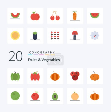 Illustration for 20 Fruits  Vegetables Flat Color icon Pack like orange vegetable watermelon peas food - Royalty Free Image