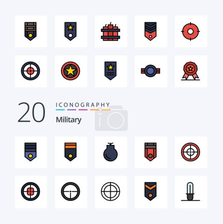 Ilustración de 20 Línea militar llena icono de color Pack como insignia insignia armas ejército rango - Imagen libre de derechos