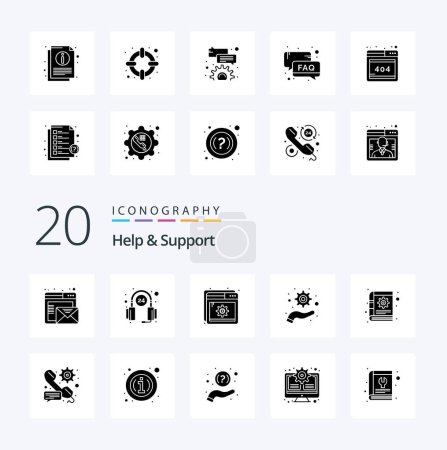 Illustration for 20 Help And Support Solid Glyph icon Pack like gear book help support management - Royalty Free Image