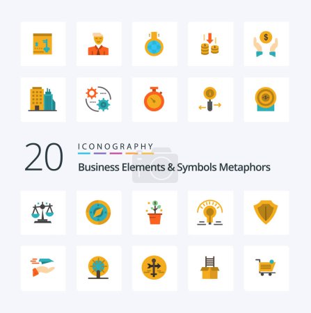 Illustration for 20 Business Elements And Symbols Metaphors Flat Color icon Pack like sheild light bulb growing light plant - Royalty Free Image