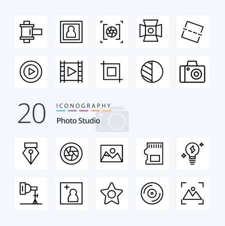 Téléchargez les illustrations : 20 Photo Studio Line icône Pack comme lumière données paysage stockage carte SD - en licence libre de droit