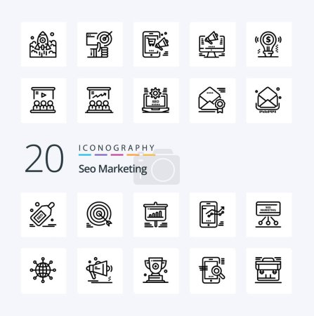 Illustration for 20 Seo Marketing Line icon Pack. like mobile. chart. arrow. business. chart - Royalty Free Image