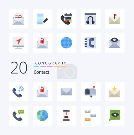 Illustration for 20 Contact Flat Color icon Pack like email contact unlock communication email - Royalty Free Image