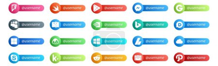 Ilustración de 20 Social Media Follow Button. Nombre de usuario y lugar para texto como skype. anuncios. nvidia. adsense. campo de base - Imagen libre de derechos