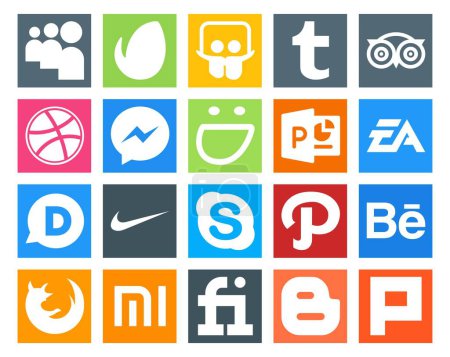 Illustration for 20 Social Media Icon Pack Including path. skype. smugmug. nike. sports - Royalty Free Image