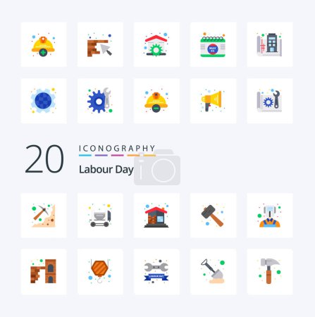 Illustration for 20 Labour Day Flat Color icon Pack like watch kit pound brick wall mallet wall - Royalty Free Image