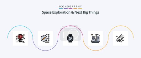 Téléchargez les illustrations : Space Exploration And Next Big Things Line Filled Flat 5 Icon Pack Including colony. city. form. pod. component - en licence libre de droit