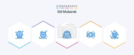 Illustration for Eid Mubarak 25 Blue icon pack including knife. plate. alert. dish. star - Royalty Free Image