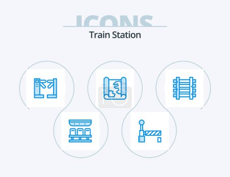 Illustration for Train Station Blue Icon Pack 5 Icon Design. train. railways. control. point. map - Royalty Free Image
