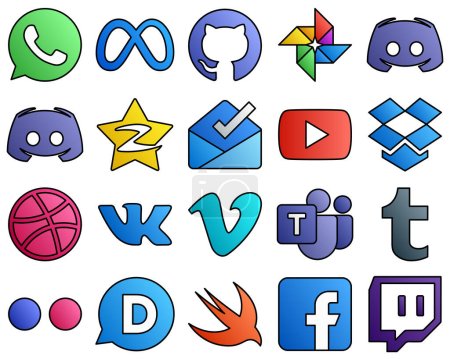 Illustration for 20 Stylish icons vk. dropbox. video and inbox Filled Line Style Social Media Icon Collection - Royalty Free Image