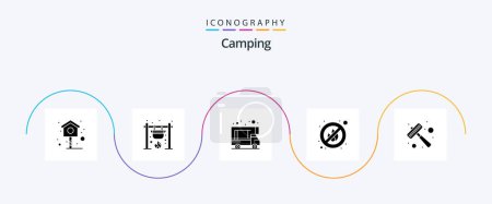 Téléchargez les illustrations : Camping Glyph 5 Icon Pack Including steak. kitchen utensils. camping. hammer. no - en licence libre de droit