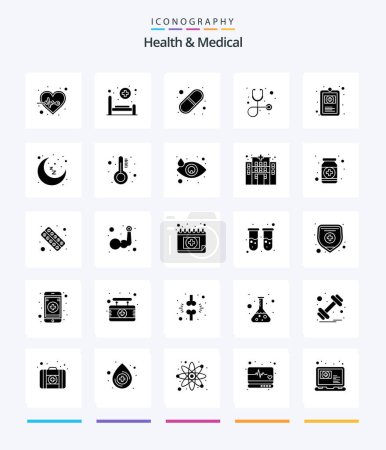 Téléchargez les illustrations : Creative Health And Medical 25 Glyph Solid Black icon pack  Such As hospital chart. clinical record. capsule. stethoscope. diagnosis - en licence libre de droit
