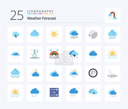 Téléchargez les illustrations : Weather 25 Flat Color icon pack including rain. moon. sun. backside. windy - en licence libre de droit