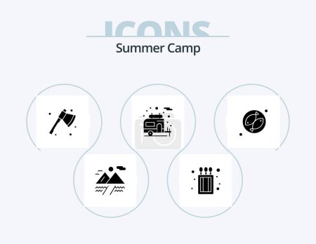 Téléchargez les illustrations : Summer Camp Glyph Icon Pack 5 Icon Design. . meet. camping. fish. motorhome - en licence libre de droit