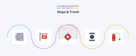 Téléchargez les illustrations : Maps and Travel Flat 5 Icon Pack Including . maps. vacation. diving - en licence libre de droit