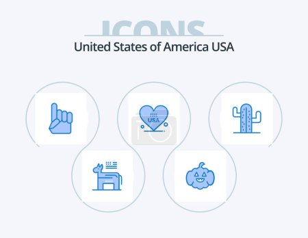 Illustration for Usa Blue Icon Pack 5 Icon Design. plent. cactus. hand. usa. love - Royalty Free Image
