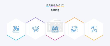 Téléchargez les illustrations : Spring 25 Blue icon pack including healthy. cherry. leaf. nature. present - en licence libre de droit