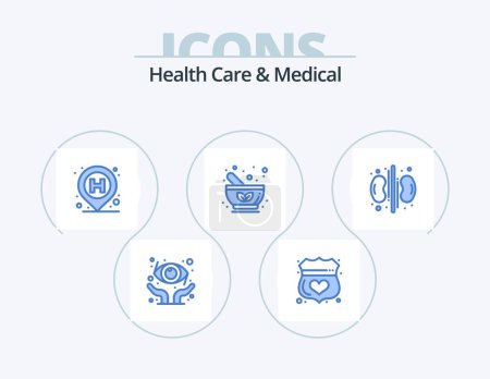 Téléchargez les illustrations : Health Care And Medical Blue Icon Pack 5 Icon Design. care. pharmacy. hospital. medicine. bowl - en licence libre de droit