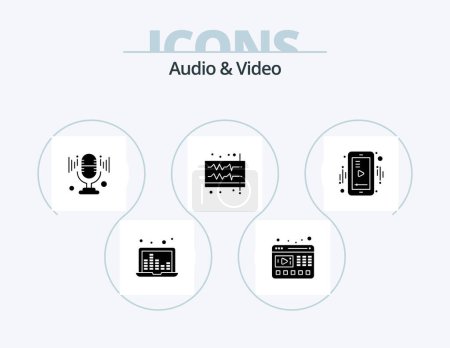 Ilustración de Audio And Video Glyph Icon Pack 5 Icon Design. mobile. wave. mic. volume. music - Imagen libre de derechos