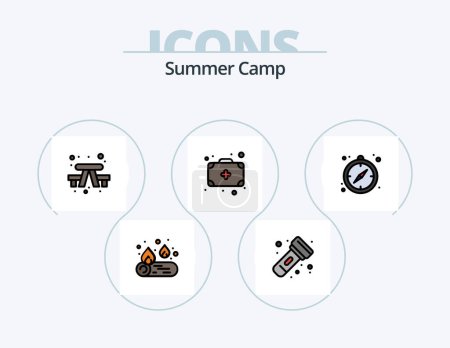 Téléchargez les illustrations : Summer Camp Line Filled Icon Pack 5 Icon Design. pan. camping. bonfire. torch. flashlight - en licence libre de droit