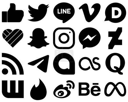 Ilustración de 20 Modern Black Solid Social Media Icon Set such as rss. fb. likee and facebook icons. Customizable and unique - Imagen libre de derechos