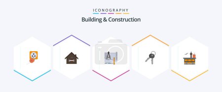 Téléchargez les illustrations : Building And Construction 25 Flat icon pack including keys. paper. repair. construction. architecture - en licence libre de droit