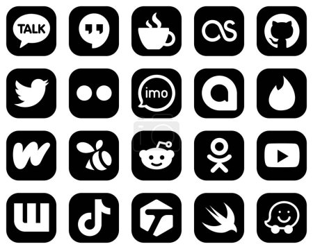 Illustration for 20 Professional White Social Media Icons on Black Background such as wattpad. google allo. tweet and audio icons. High-resolution and fully customizable - Royalty Free Image