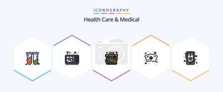 Téléchargez les illustrations : Health Care And Medical 25 FilledLine icon pack including mobile. ecg. emergency. beat. medical - en licence libre de droit