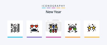 Téléchargez les illustrations : New Year Line Filled 5 Icon Pack Including gift. stars. card. party. firecracker. Creative Icons Design - en licence libre de droit