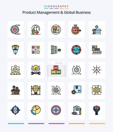 Illustration for Creative Product Managment And Global Business 25 Line FIlled icon pack  Such As stopwatch. optimization. product. management. solution - Royalty Free Image