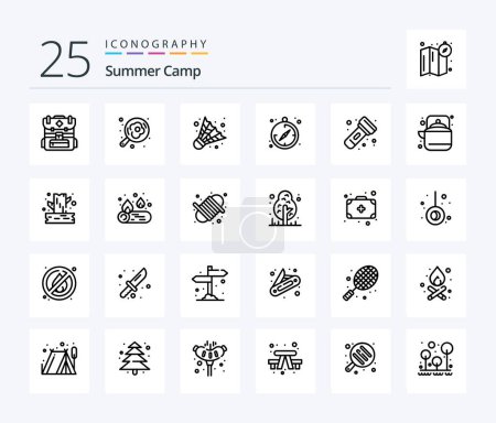 Téléchargez les illustrations : Summer Camp 25 Line icon pack including camping. light. camping. flashlight. guide - en licence libre de droit
