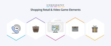 Illustration for Shoping Retail And Video Game Elements 25 FilledLine icon pack including shopping. gift. screen . shopping. barcode - Royalty Free Image