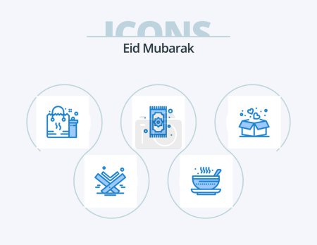 Illustration for Eid Mubarak Blue Icon Pack 5 Icon Design. namaz. rug. tea. eid. gift - Royalty Free Image